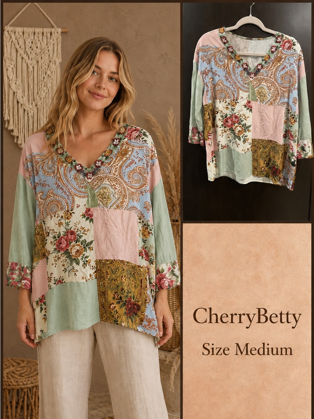 Cherry Betty Patchwork Top with floral and paisley print in pink, blue, and gree